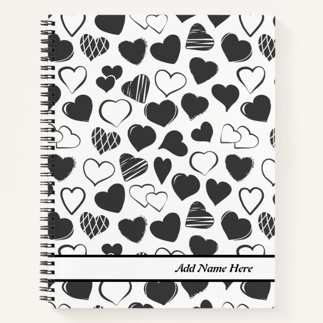 Modern Black and White Heart Customizable Name  Notebook (Front)