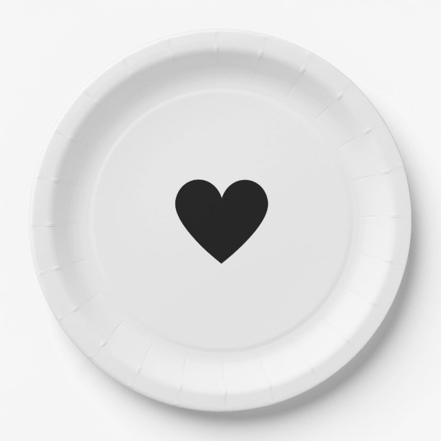 Modern Black and White Heart Love Elegant Custom Paper Plates (Front)