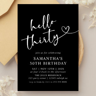 Modern Black and White Hello 30th Birthday Party Invitation