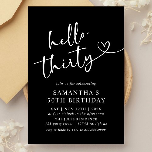 Modern Black and White Hello 30th Birthday Party