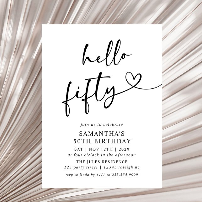 Modern Black and White Hello Fifty Birthday Party Invitation (Creator Uploaded)