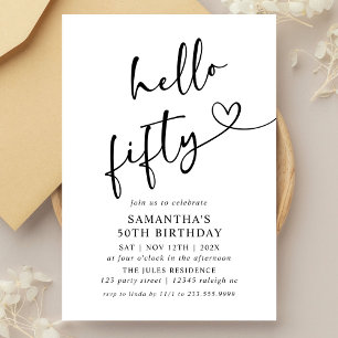 Modern Black and White Hello Fifty Birthday Party Invitation
