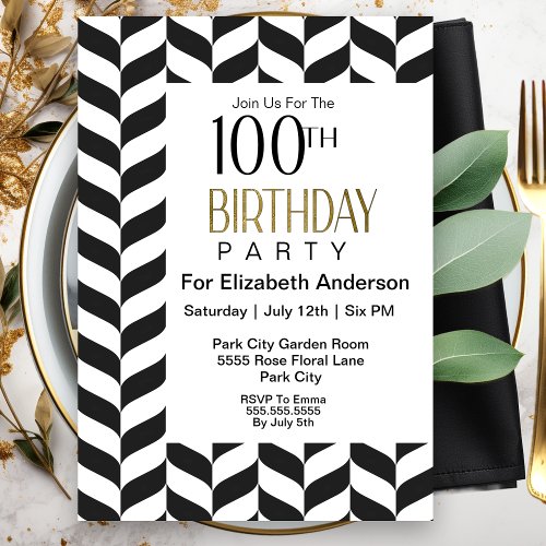 Modern Black and White Herringbone 100th Birthday Invitation