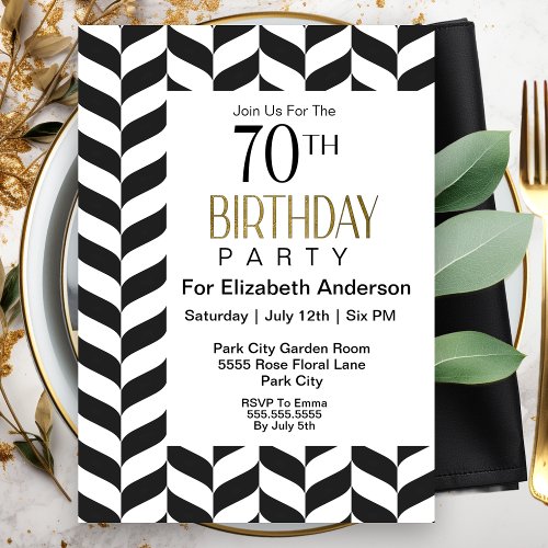Modern Black and White Herringbone 70th Birthday Invitation