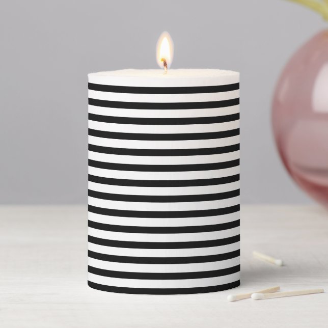 Modern black and white horizontal stripes cute pillar candle (In Situ)