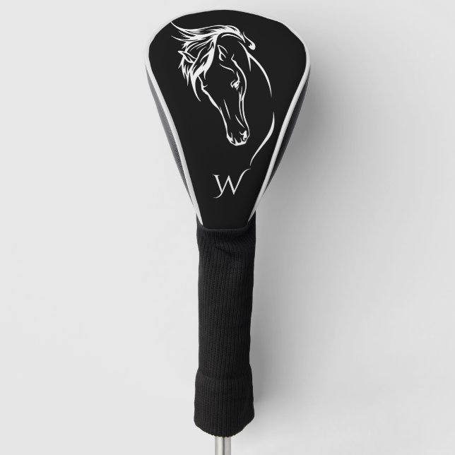 Modern Black and White Horse Head Monogram Initial Golf Head Cover (Front)