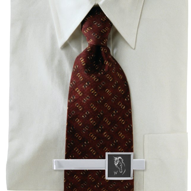 Modern Black and White Horse Head Monogram Initial Silver Finish Tie Bar (Creator Uploaded)