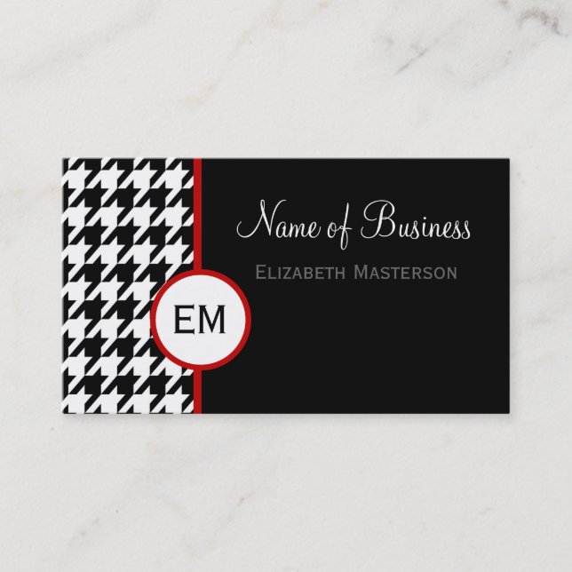 Modern Black and White Houndstooth Monogram Business Card (Front)
