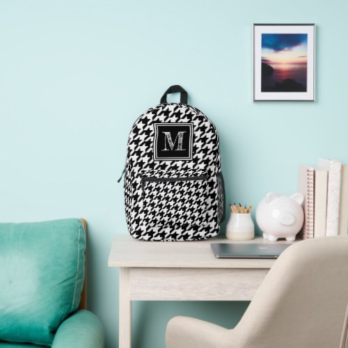 Modern Black and White Houndstooth Monogrammed Printed Backpack