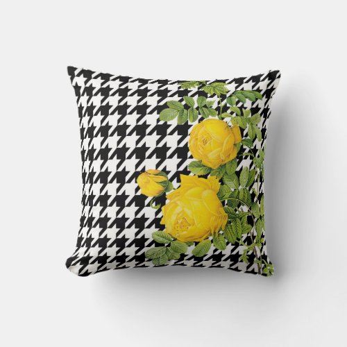 Modern Black and White Houndstooth Yellow Roses Throw Pillow