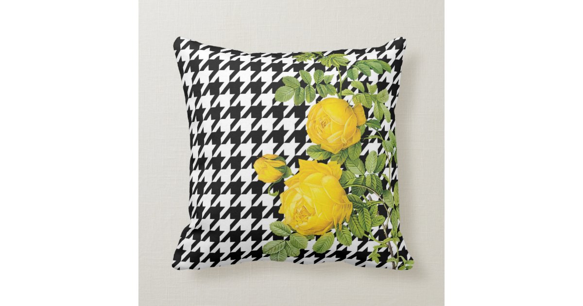 Modern Black and White Houndstooth Yellow Roses Throw Pillow