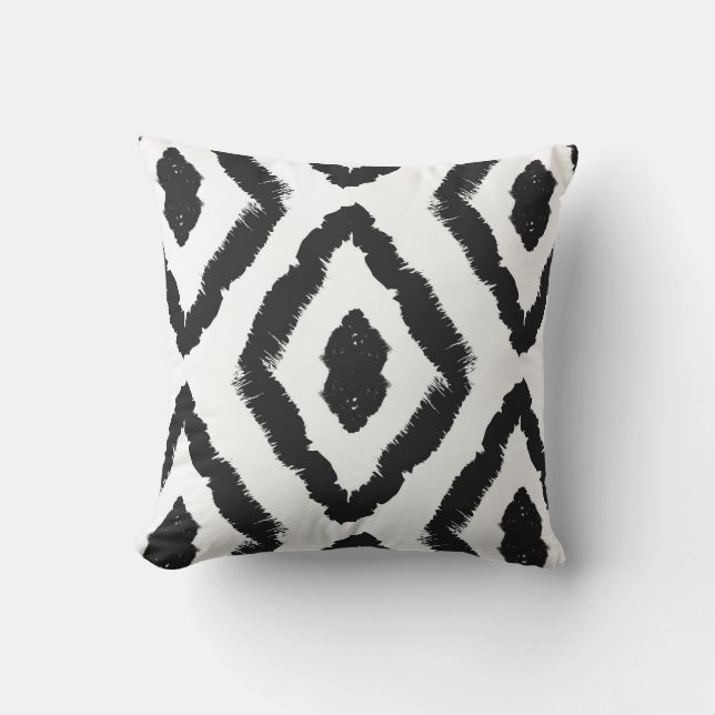 Modern Black and White Ikat Abstract Graphic Throw Pillow (Front)