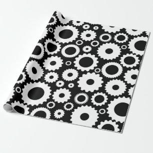 Modern Black and White Illustration Gear Pattern Wrapping Paper