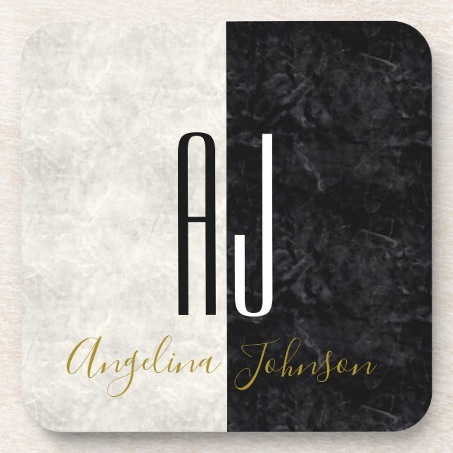 Modern Black and White Initials Monogrammed Beverage Coaster (Front)