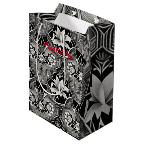 Modern Black and White Ink Floral  Medium Gift Bag