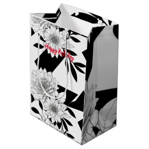 Modern Black and White Ink Geometric Floral  Medium Gift Bag
