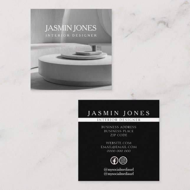 Modern Black and White Interior Designer Photo Square Business Card (Front/Back)