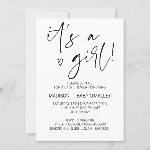 Modern Black and White Its a Girl Baby Shower Invitation