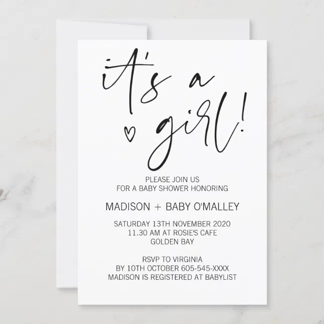 Modern Black and White It's a Girl Baby Shower Invitation | Zazzle