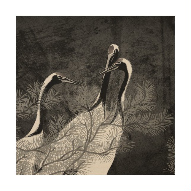 Modern Black and White Japanese Cranes Wood Wall Art (Front)