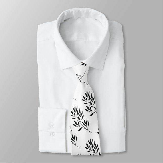 Modern Black and White Leaf Pattern Wedding Neck Tie (Tied)