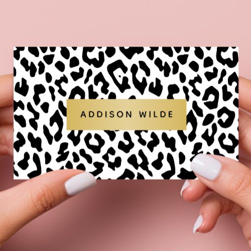 Modern Black And White Leopard Cheetah Print Gold Business Card