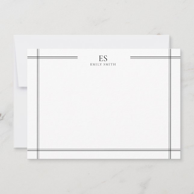 Modern Black and White Line Border Monogram Note Card (Front)