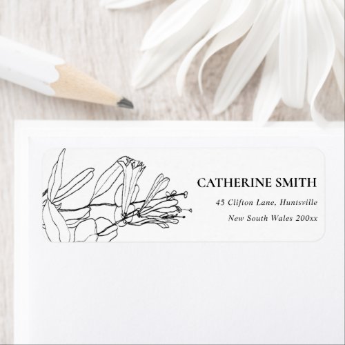 MODERN BLACK AND WHITE LINE DRAWING FLORAL ADDRESS LABEL