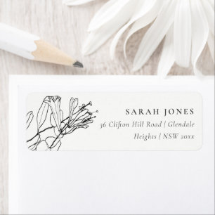 MODERN BLACK AND WHITE LINE DRAWING FLORAL ADDRESS LABEL