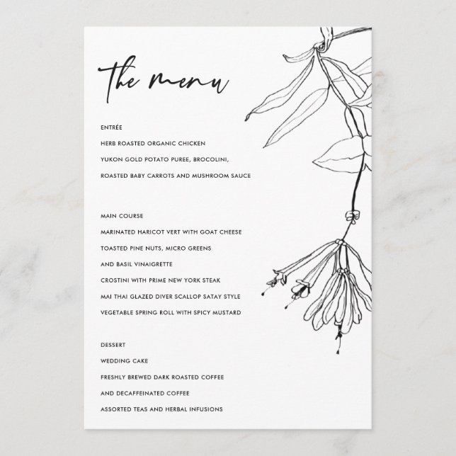 MODERN BLACK AND WHITE LINE DRAWING FLORAL MENU (Front)