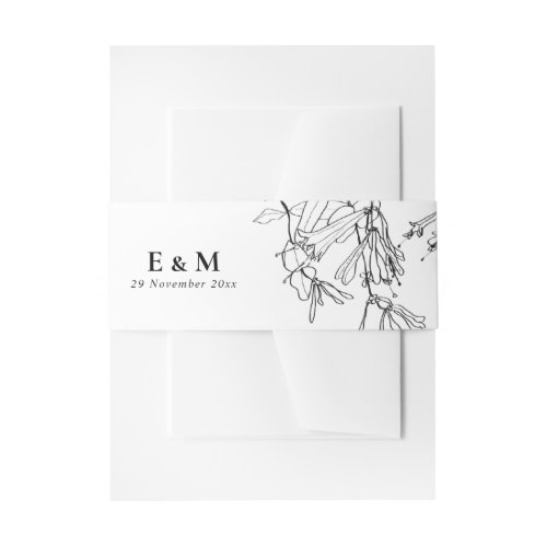 MODERN BLACK AND WHITE LINE DRAWING FLORAL WEDDING INVITATION BELLY BAND