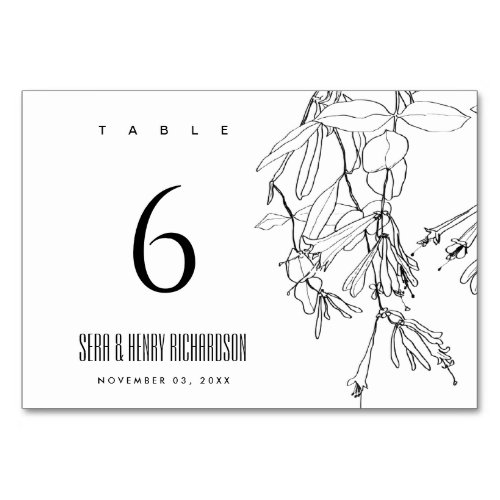 MODERN BLACK AND WHITE LINE DRAWING FLORAL WEDDING TABLE NUMBER