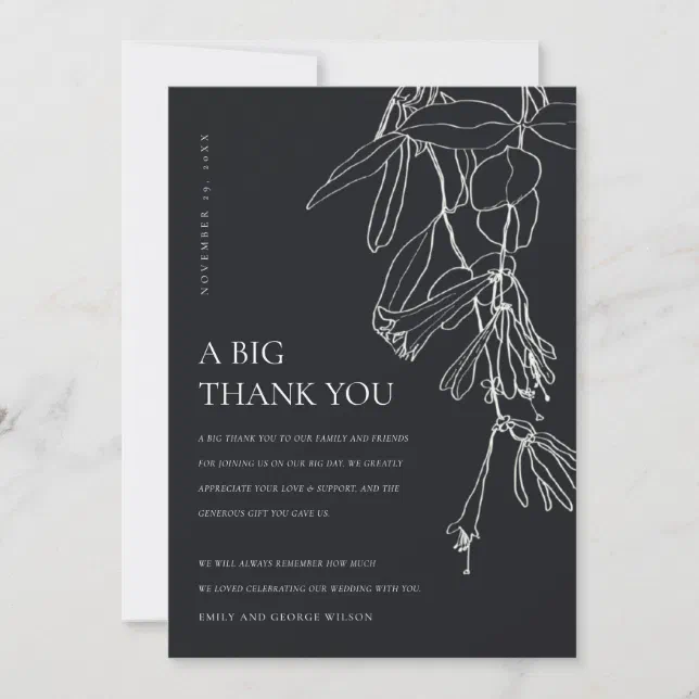 MODERN BLACK AND WHITE LINE DRAWING FLORAL WEDDING THANK YOU CARD | Zazzle