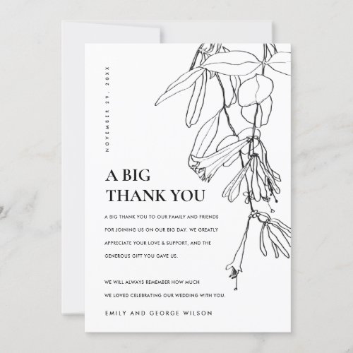 MODERN BLACK AND WHITE LINE DRAWING FLORAL WEDDING THANK YOU CARD
