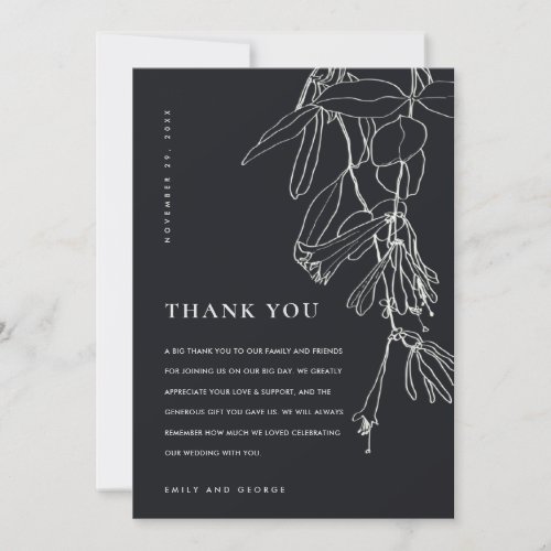 MODERN BLACK AND WHITE LINE DRAWING FLORAL WEDDING THANK YOU CARD