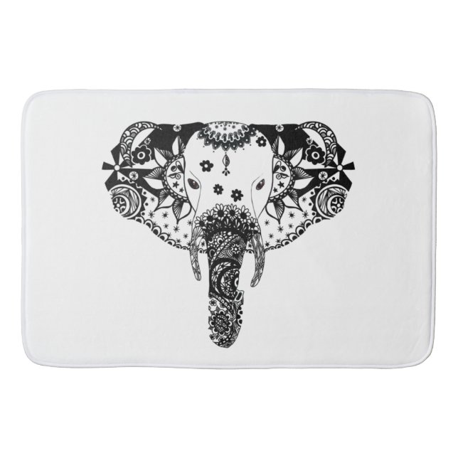 Modern black and white line tangle elephant bath mat (Front)