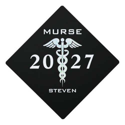 Modern Black And White Male Nurse Personalized Graduation Cap Topper