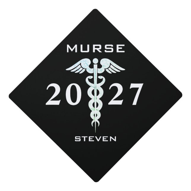 Modern Black And White Male Nurse Personalized Graduation Cap Topper (Front)