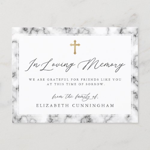 Modern Black and White Marble Faux Cross Memorial Postcard