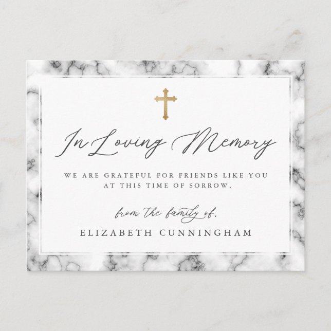 Modern Black and White Marble Faux Cross Memorial Postcard (Front)