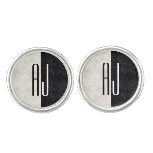 Modern Black and White Marble Initials Monogram Cufflinks