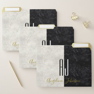 Modern Black and White Marble Monogram Initials File Folder