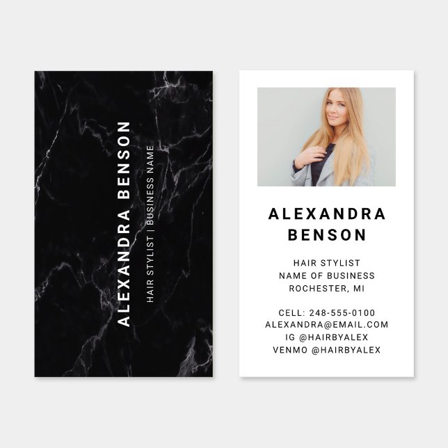 Modern Black and White Marble Photo Business Card (Creator Uploaded)