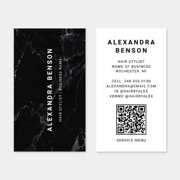 Modern Black And White Marble Qr Code Business Card by Plush_Paper at Zazzle
