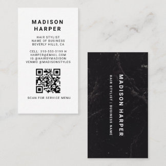 Modern Black and White Marble QR Code Business Card