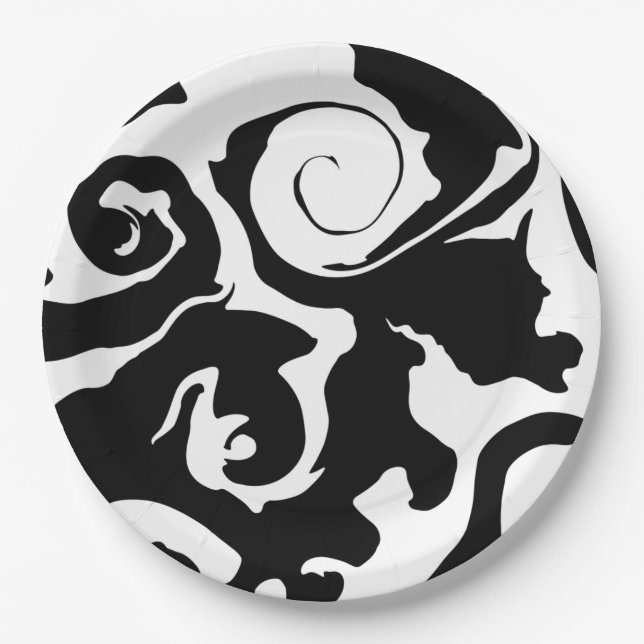 Modern Black and White marble swirl Paper Plates (Front)
