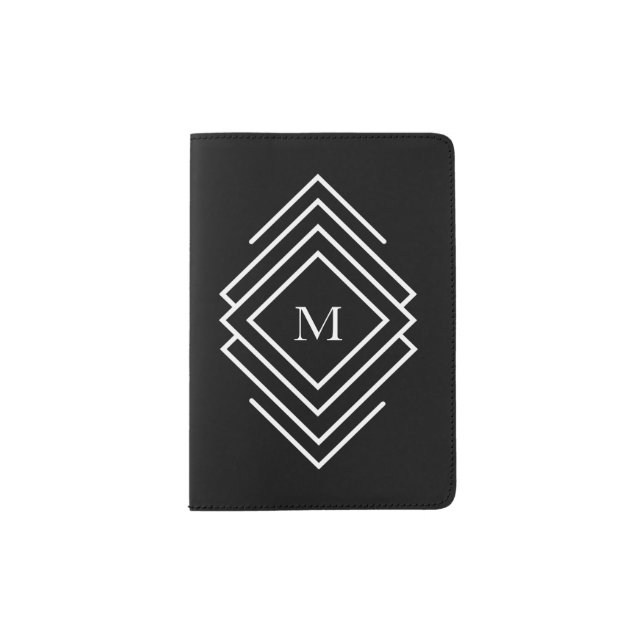 Modern Black And White Mens Monogram Passport Holder (Front)