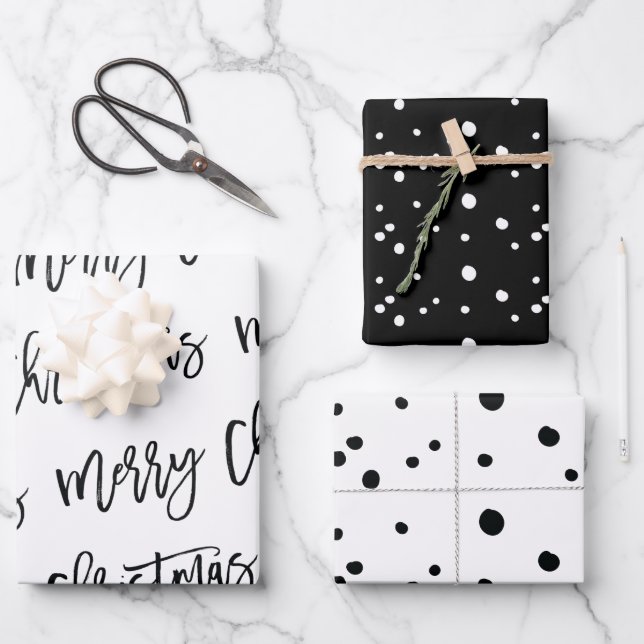 Modern Black and White Merry Christmas Calligraphy Wrapping Paper Sheets (Front)