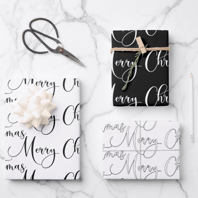 Modern Black and White Merry Christmas Calligraphy Wrapping Paper Sheets (Front)