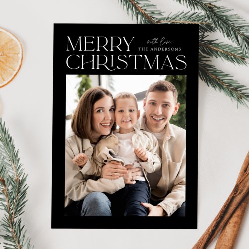 Modern Black and White Merry Christmas Photo Holiday Card